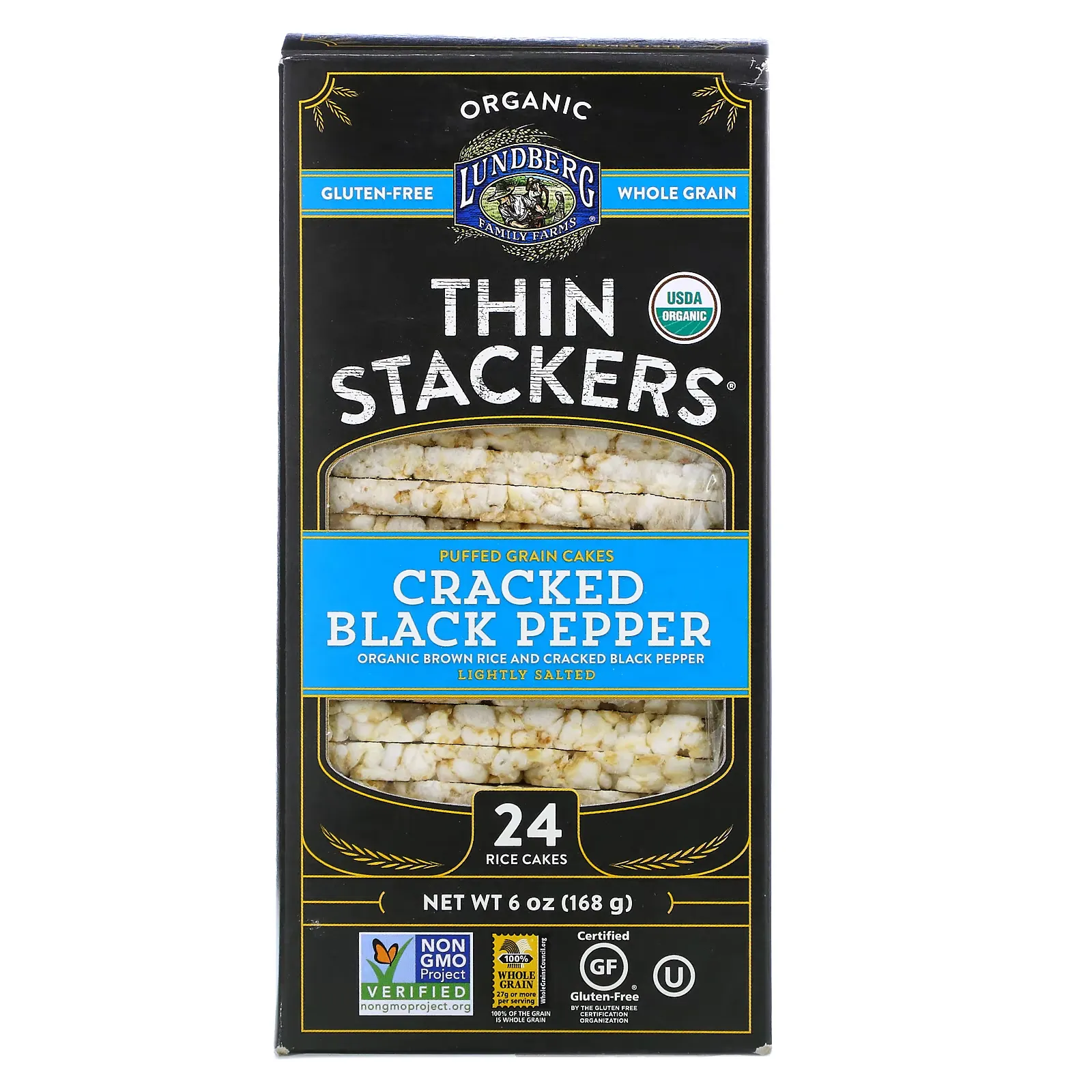 Organic Thin Stackers, Puffed Grain Cakes, Cracked Black Pepper, Lightly Salted, 24 Rice Cakes, 6 oz (168 g)