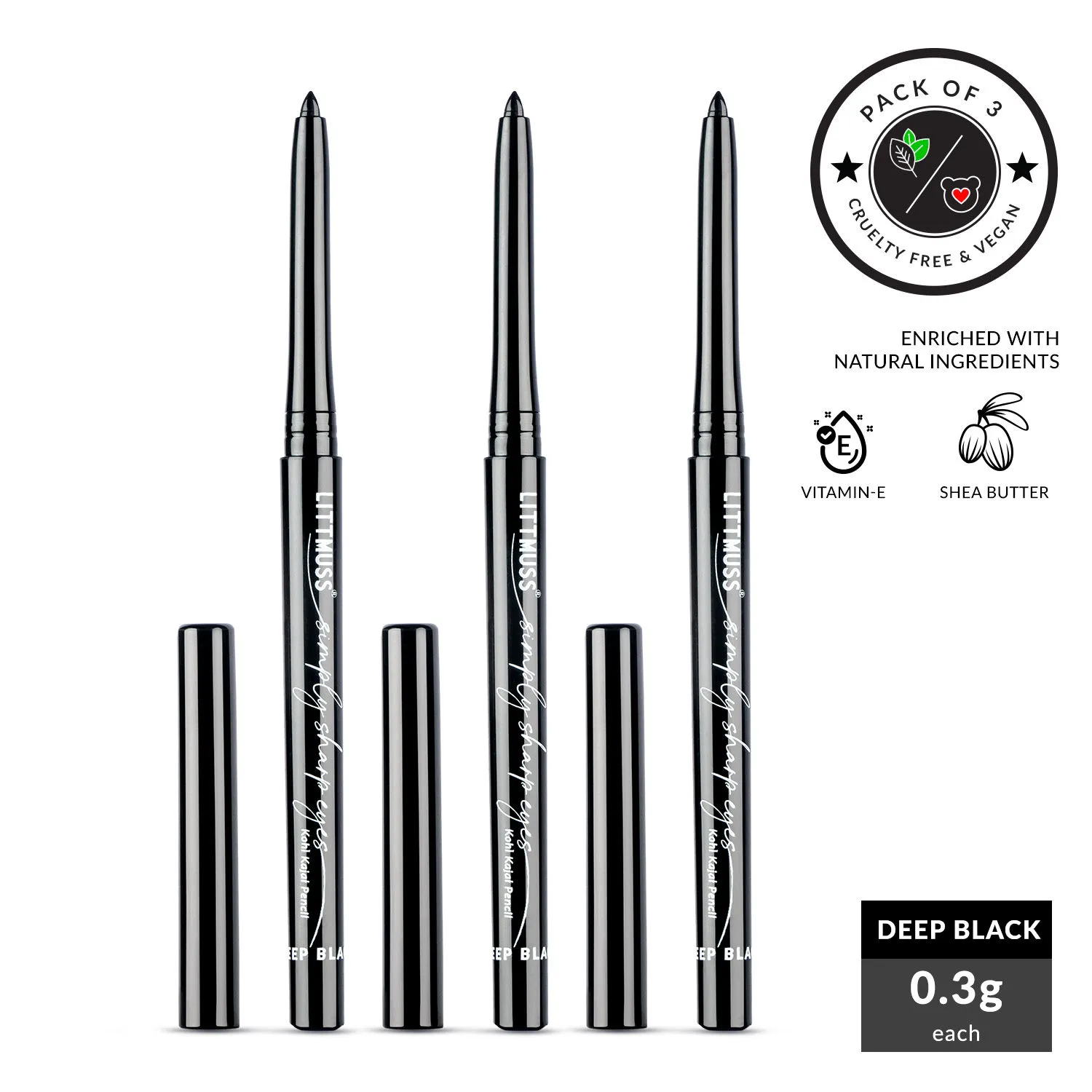 Littmuss Simply Sharp Eyes Kohl Kajal Pencil -pack Of 3