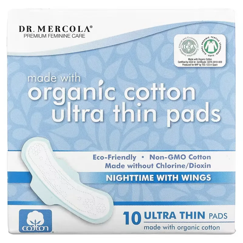 Organic Cotton Ultra Thin Pads, Nighttime with Wings, 10 Pads