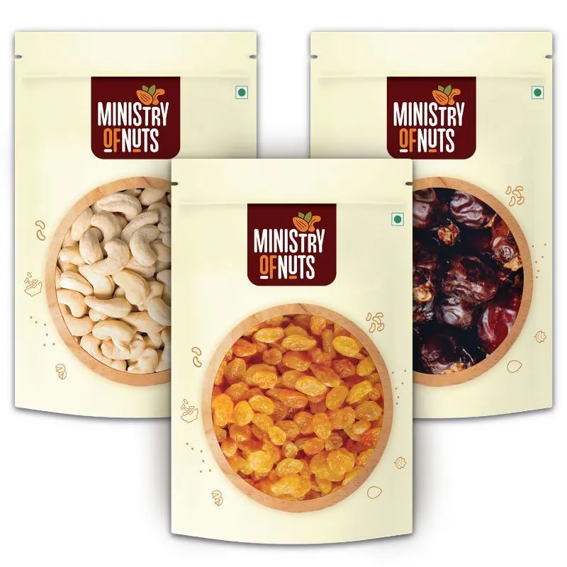 Ministry of Nuts Premium Dry Fruits - Pack Of 3 - Cashew Nuts, Raisins & Dates