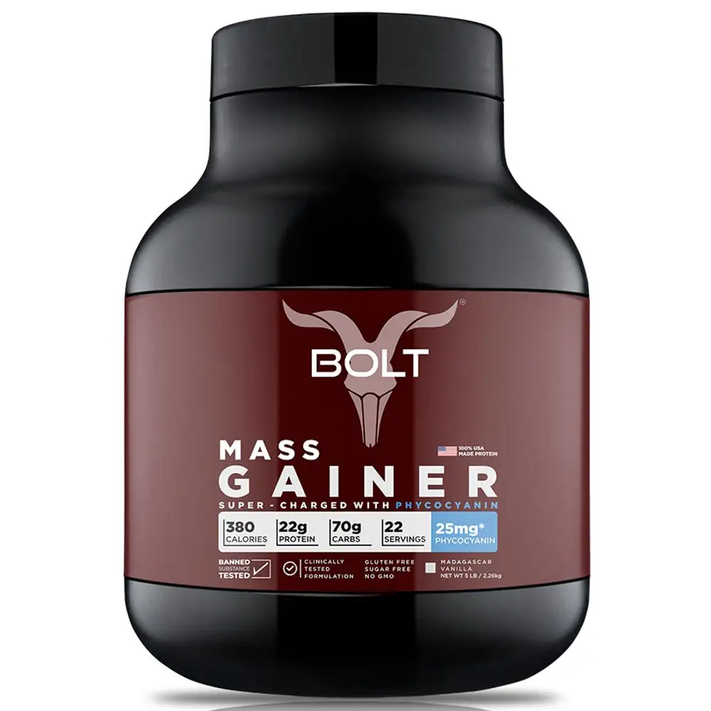 Bolt Mass Gainer Super-Charged With Phycocyanin,  5 lb  Madagascar Vanilla