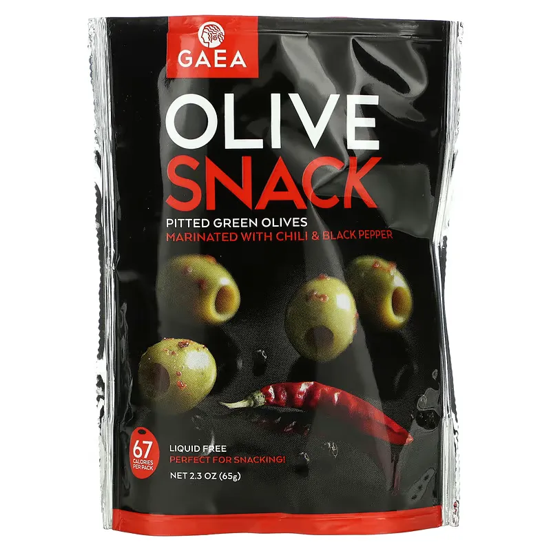 Olive Snack, Pitted Green Olives, Marinated With Chili & Black Pepper, 2.3 oz (65 g)