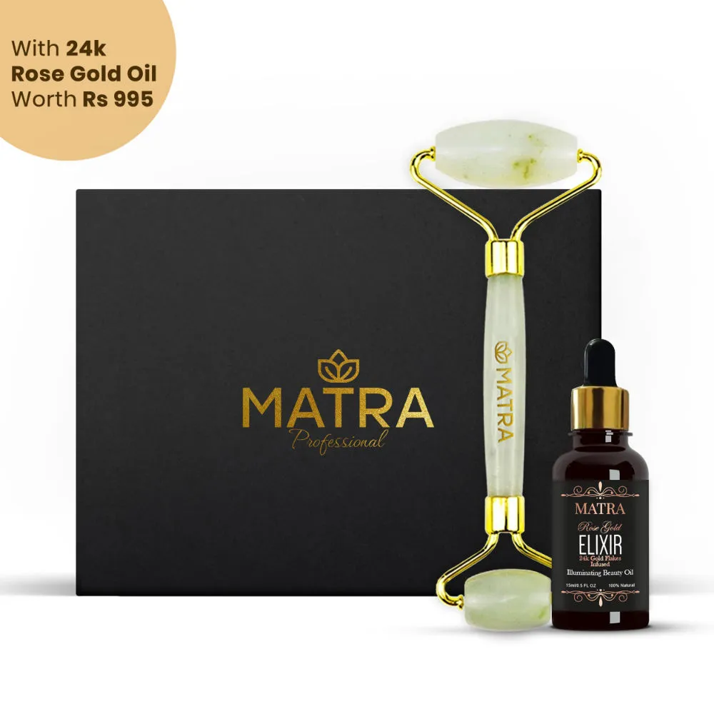 Matra Pure Jade Roller Facial Massager with 24K Rose Gold Beauty Oil