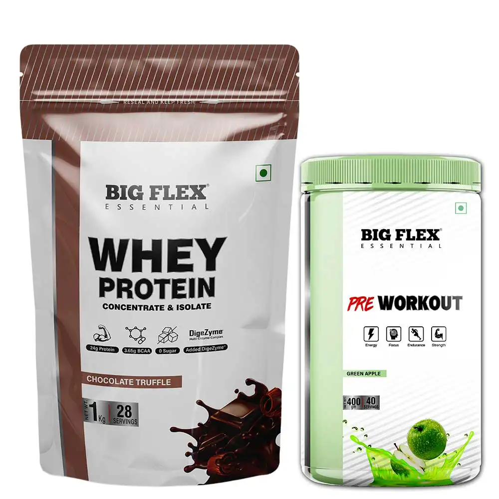 Big Flex Essential Whey Protein Concentrate & Isolate,  2.2 lb  Chocolate Truffle with Bigflex Essential Pre-Workout Green Apple 400g