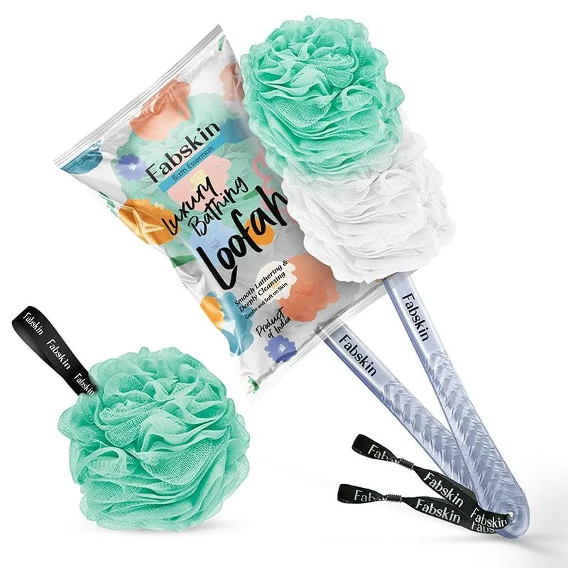 Fabskin Loofah Duo Pack- Bath Brush With Long Handle & Round Loofah- For Men & Women- Green & White