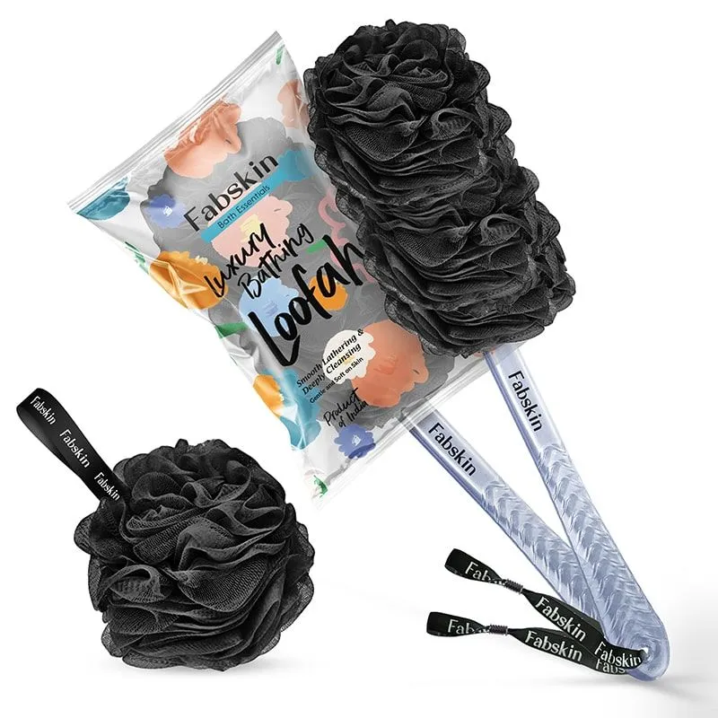 Fabskin Loofah Duo Pack- Bath Brush With Long Handle & Round Loofah- For Men & Women- Black