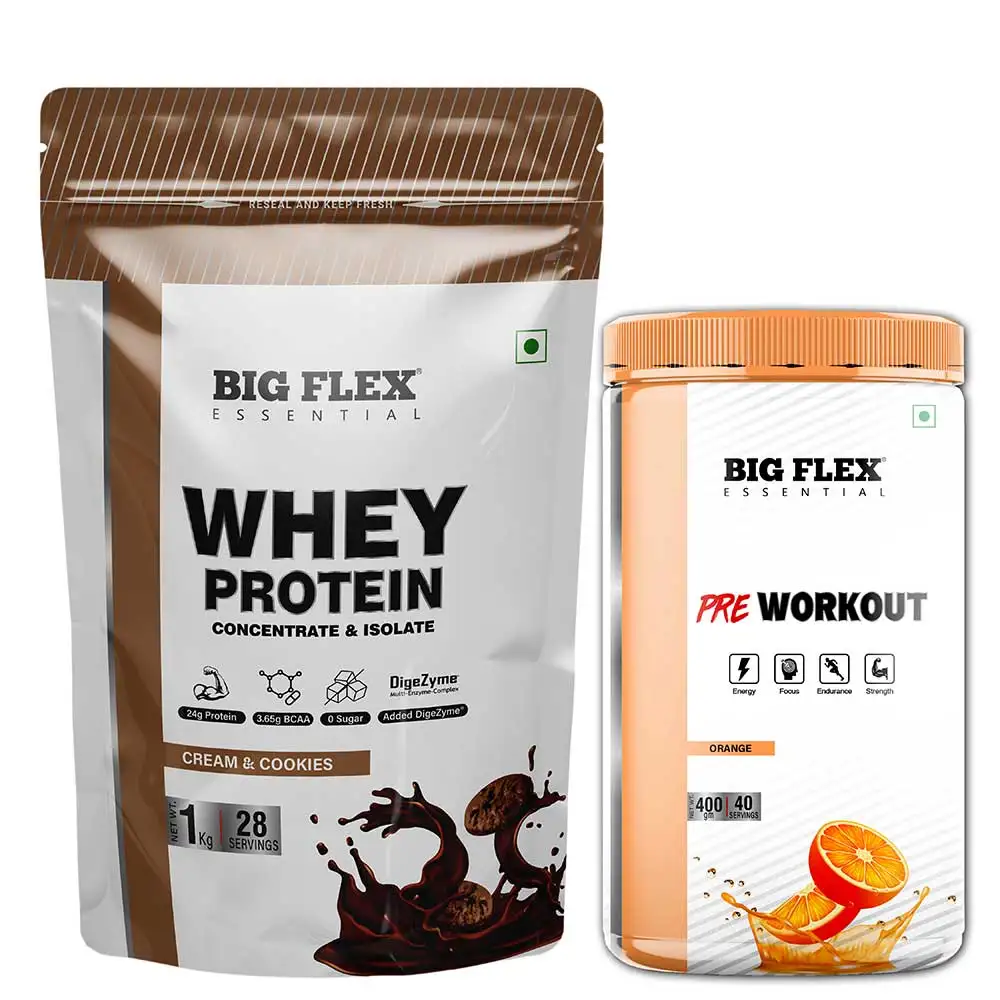 Big Flex Essential Whey Protein Concentrate & Isolate,  2.2 lb  Cookies & Cream with Bigflex Essential Pre-Workout Orange 400g