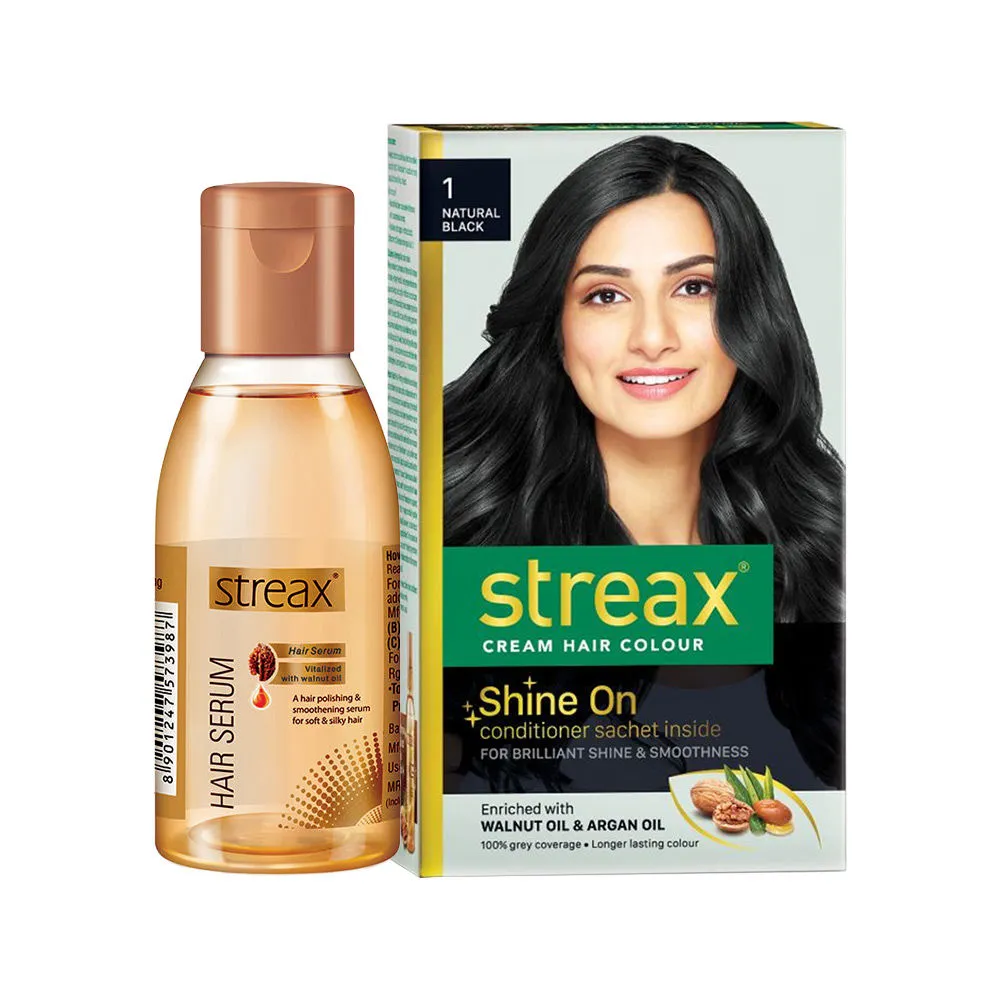 Streax Cream Hair Colour - Natural Black + Hair Serum