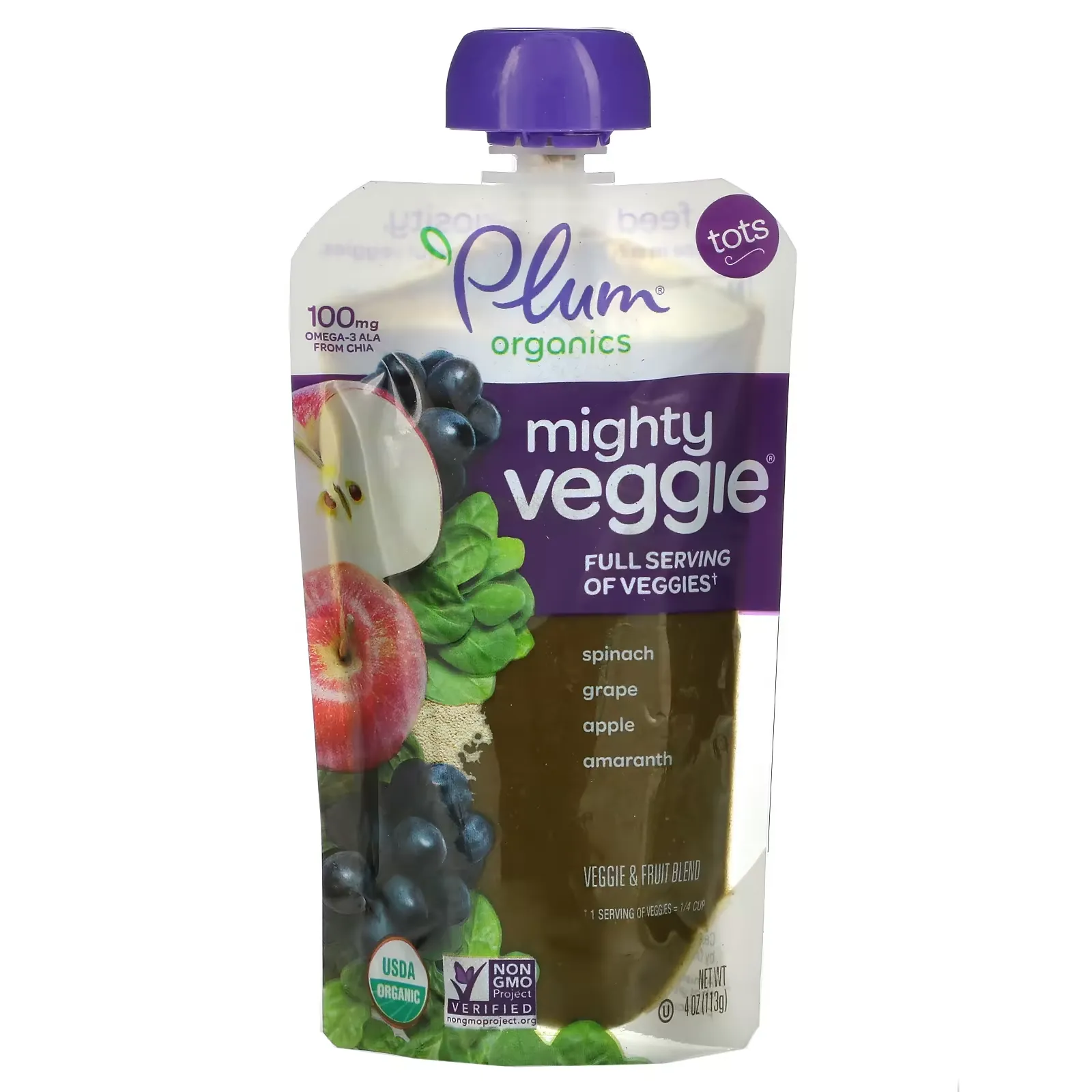 Mighty Veggie, Tots, Spinach, Grape, Apple, Amaranth, 4 oz (113 g)