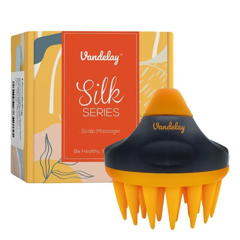 Vandelay Silk Series- Silicon Scalp Massager Brush With Thick Silicon Bristles (Orange & Black)