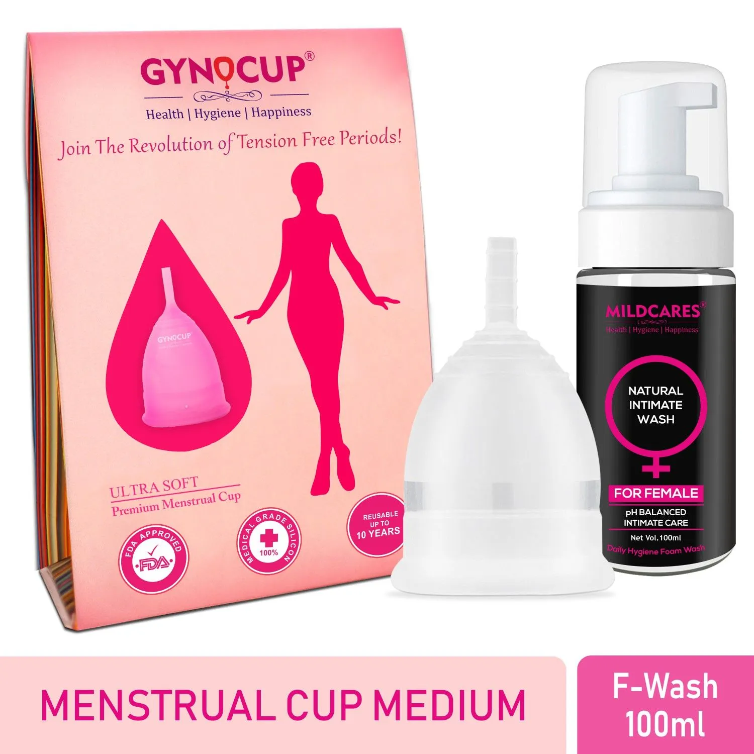 GynoCup Menstrual Cup For Women Transparent Medium Size With Women Intimate Foam Wash (Combo)