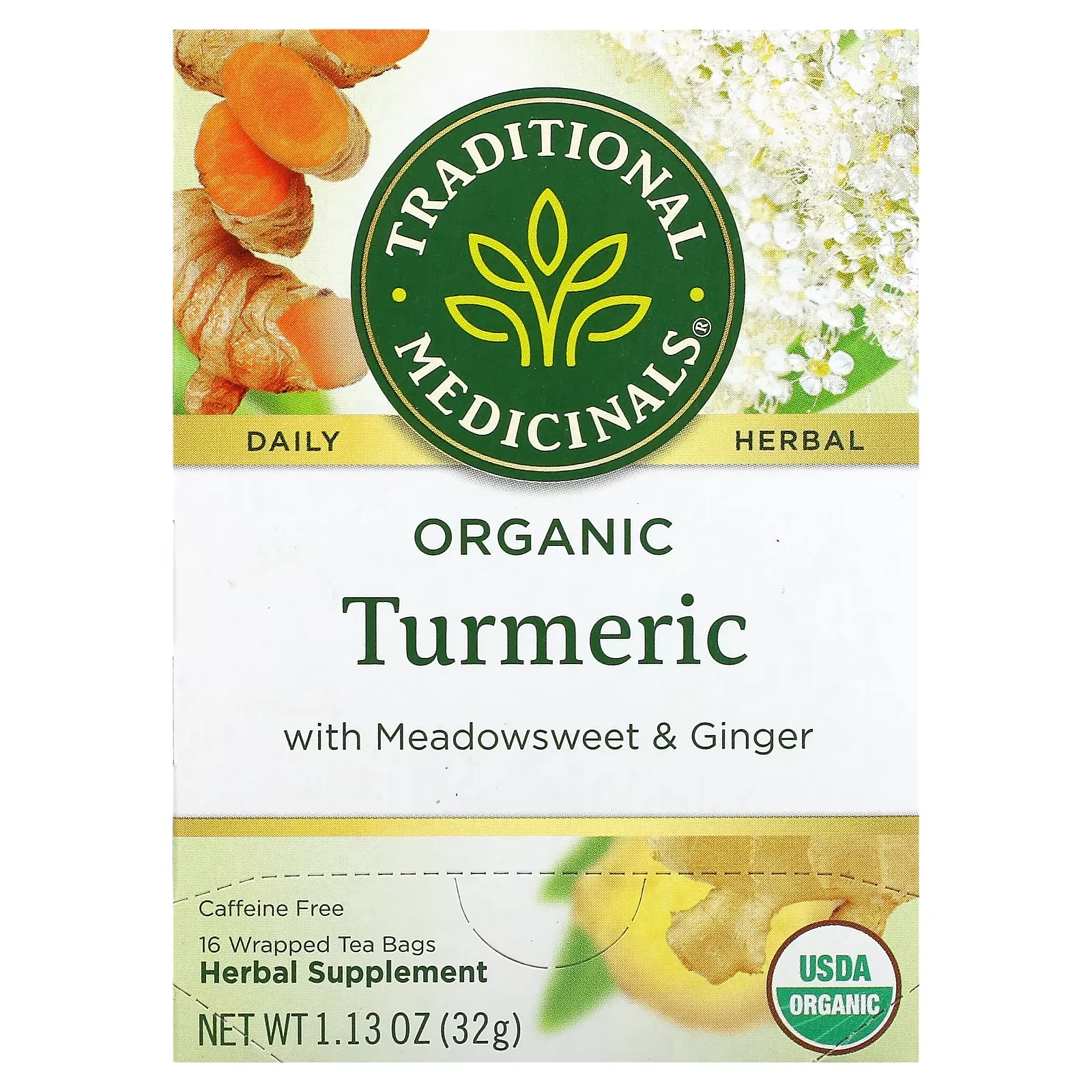 Organic Turmeric with Meadowsweet & Ginger, Caffeine Free, 16 Wrapped Tea Bags, 0.07 oz (2 g) Each