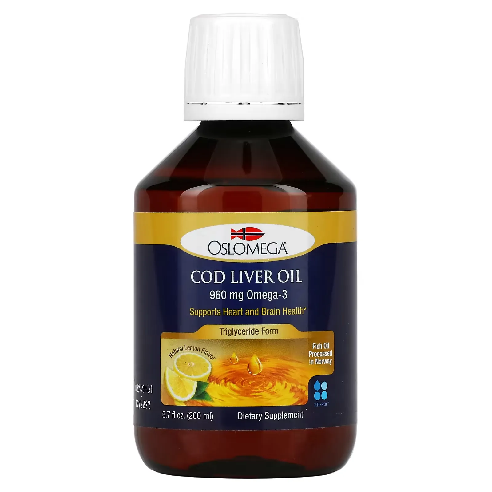 Cod Liver Oil, 960 mg Omega-3, Natural Lemon Flavor, 6.7 fl oz (200 ml)