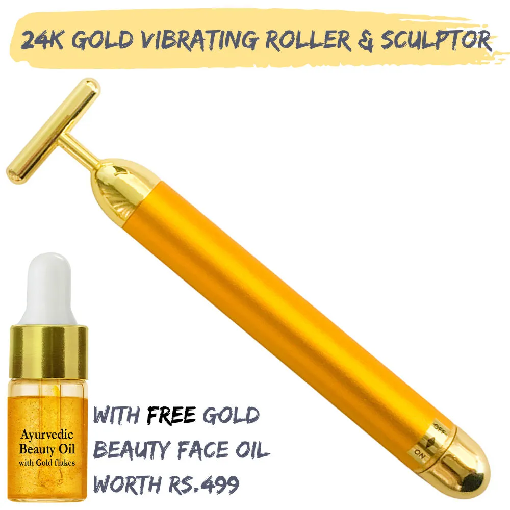 Natural Vibes 24k Gold Vibrating Face Roller & Massager with Free Gold Beauty Elixir Oil