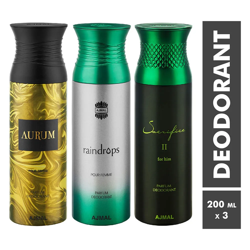 Ajmal Aurum, Raindrops & Sacrifice II Parfum Deodorant For Men and Women - Pack Of 3