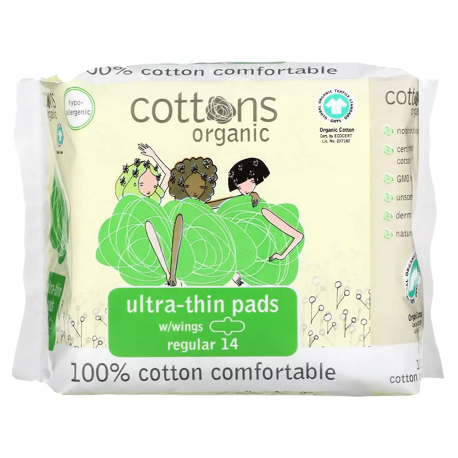 100% Cotton Comfortable, Ultra-Thin Pads with Wings, Regular, 14 Pads