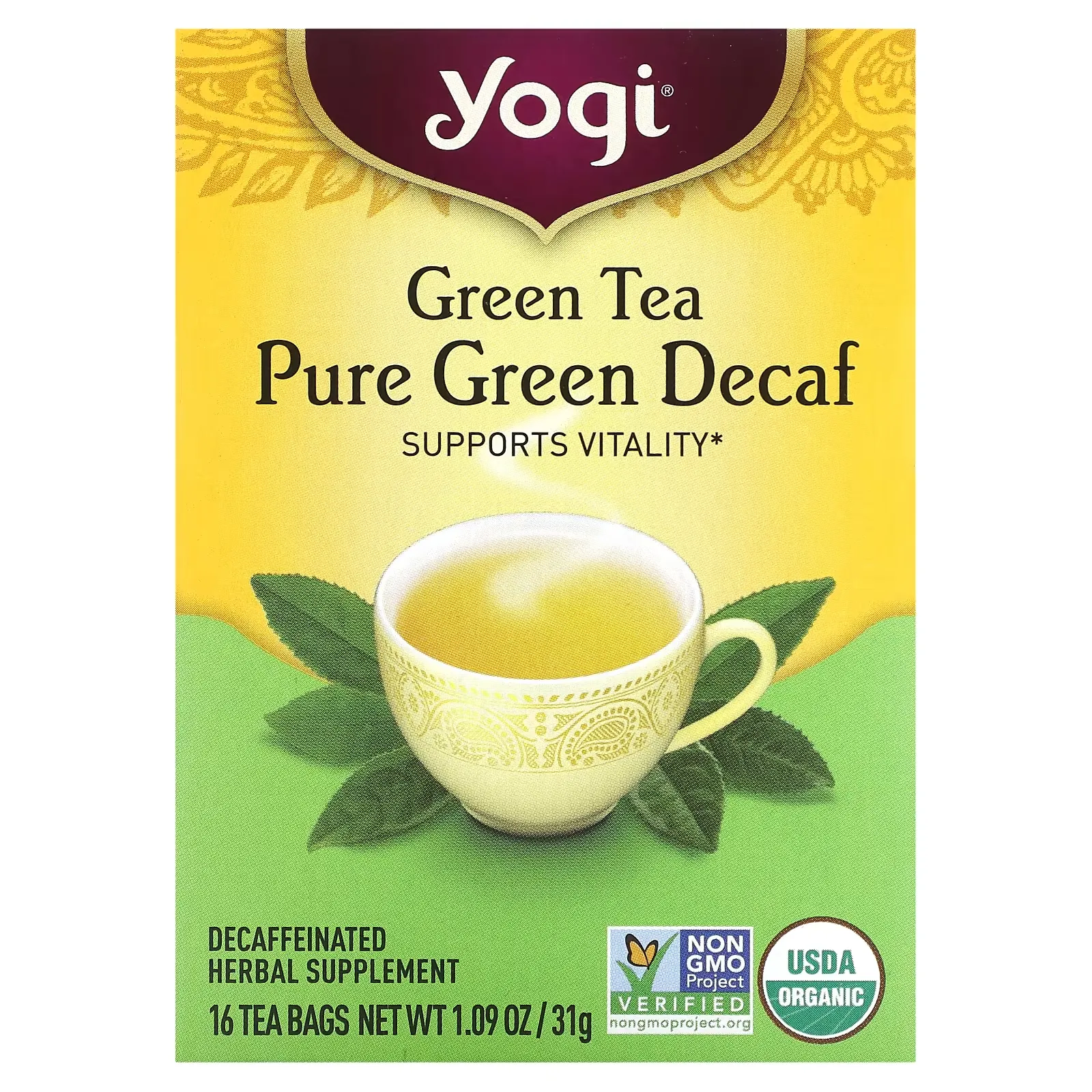 Green Tea, Pure Green Decaf, 16 Tea Bags, 1.09 oz (31 g)