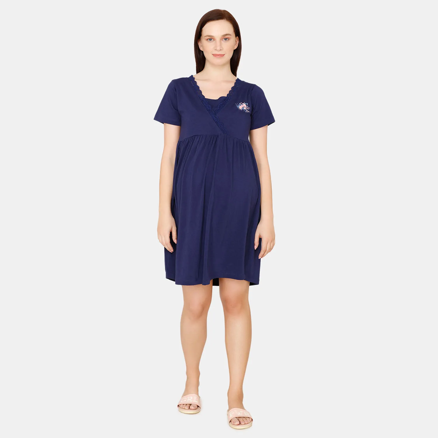 Zivame Maternity Knit Cotton Knee Length Nightdress - Medieval - Blue