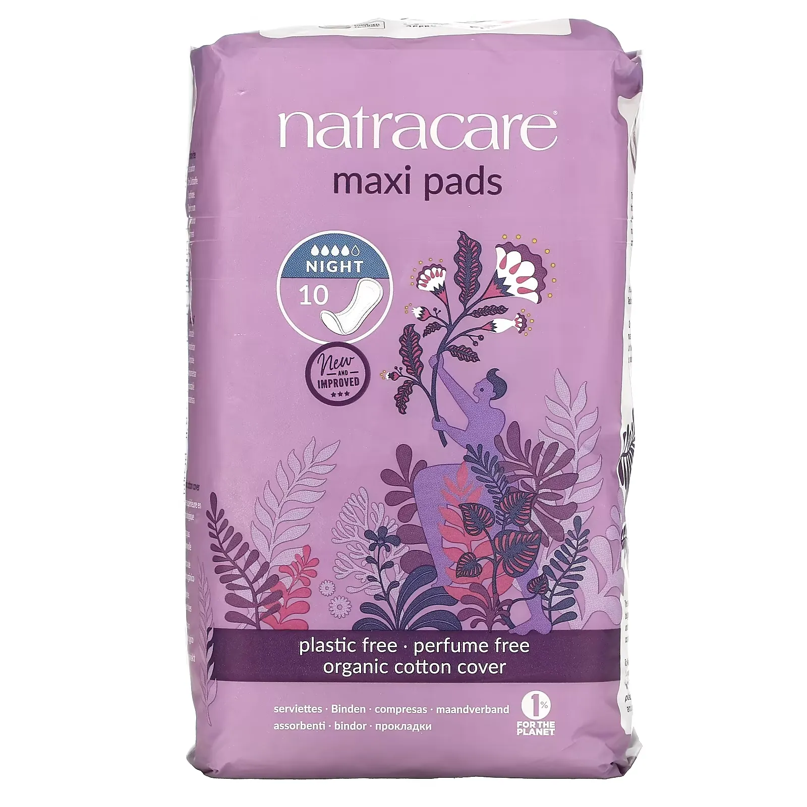 Maxi Pads, Organic Cotton Cover, Night, 10 Pads