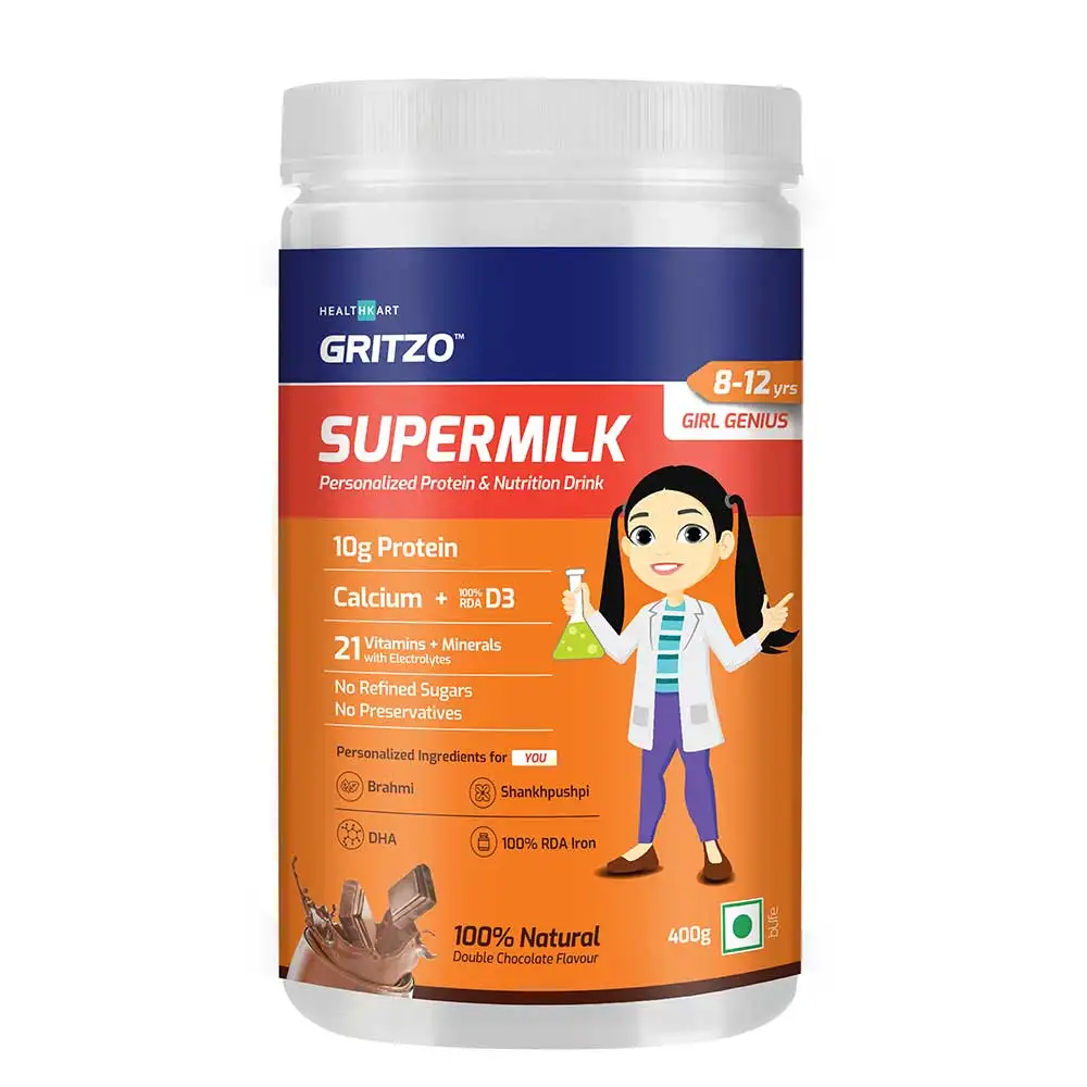 Gritzo Supermilk Personalized Protein & Nutrition Drink 8-12yrs Girl Genius,  400 g  Double Chocolate