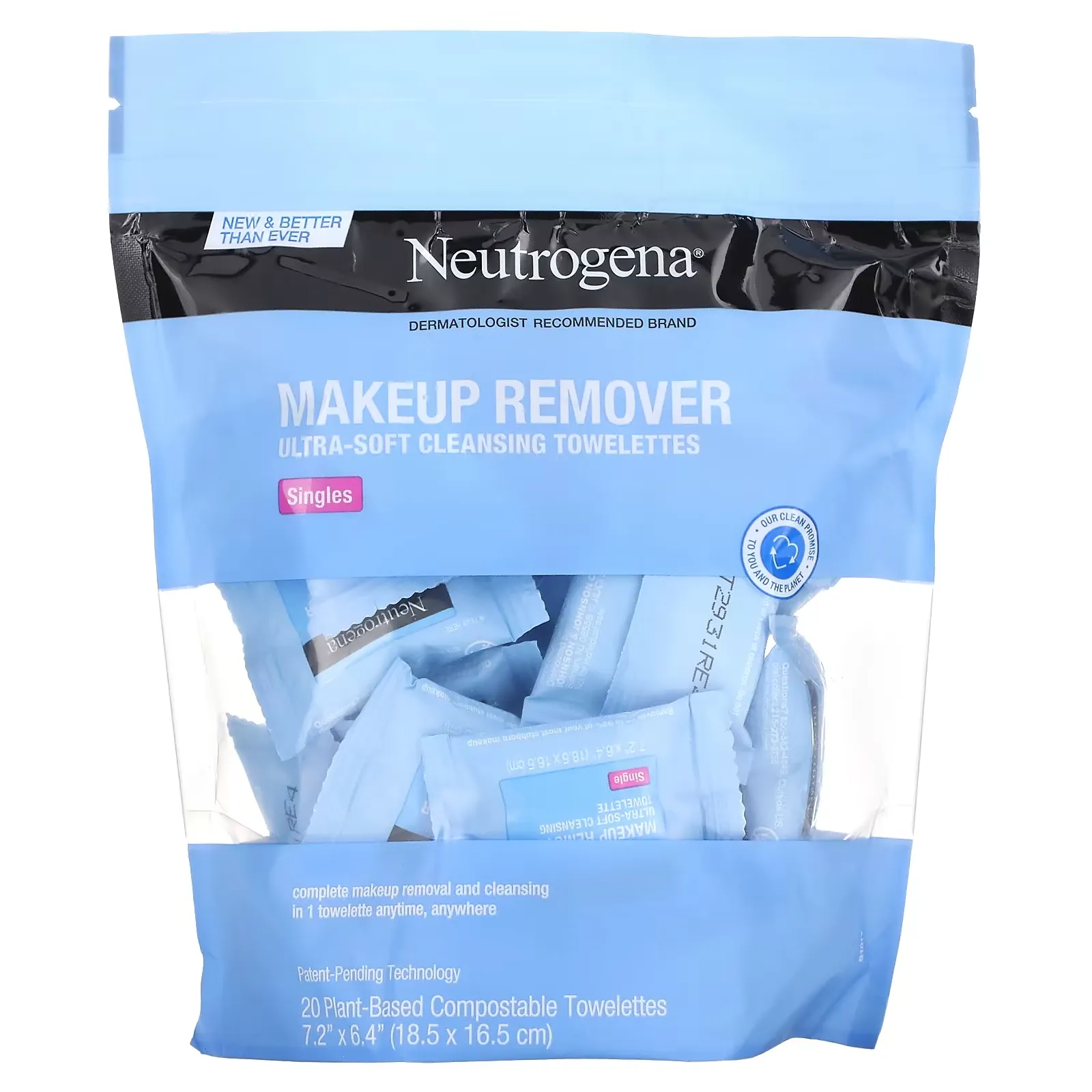 Makeup Remover, Ultra-Soft Cleansing Towelettes, Singles, 20 Plant-Based Compostable  Towelettes