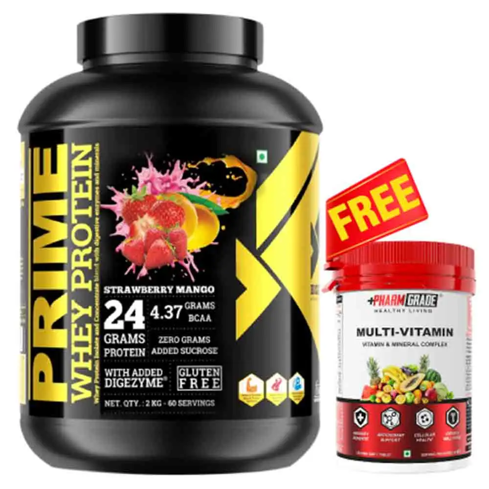 Big Flex Prime Whey Protein,  4.4 lb  Strawberry Mango + Pharmgrade Healthy Living Multivitamin 60 Tabs Free