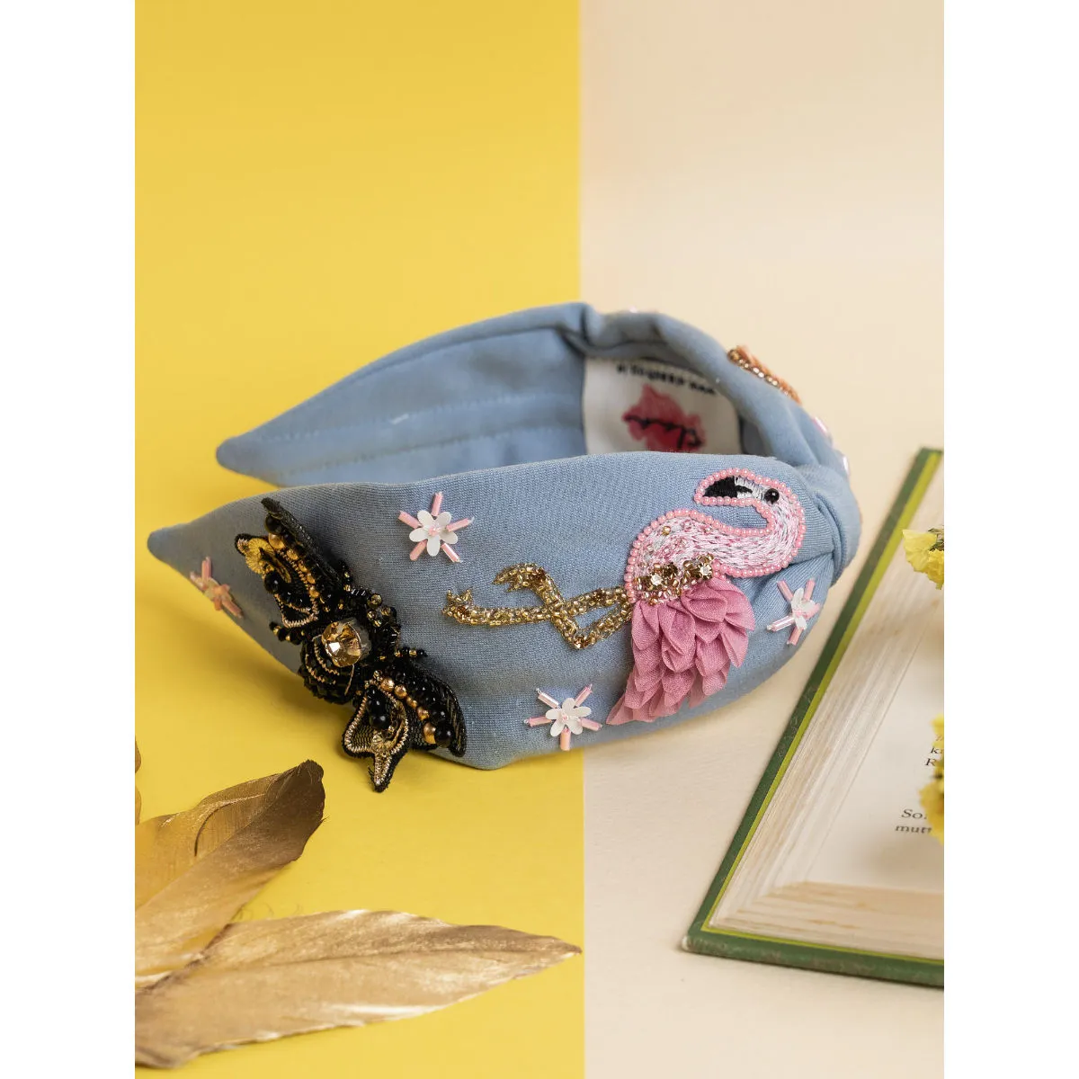 Elaa Betty Cooper Embroidered Headband In Blue - Summer Bloom With Flamingo