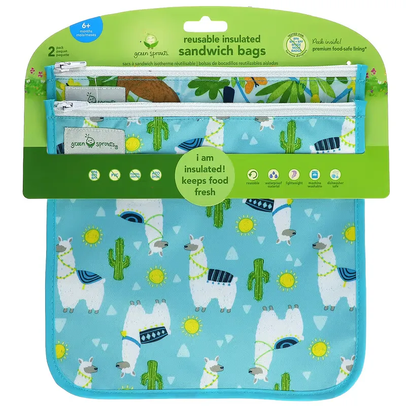 Reusable Insulated Sandwich Bags, 6+ Months, Aqua Llamas,  2 Pack