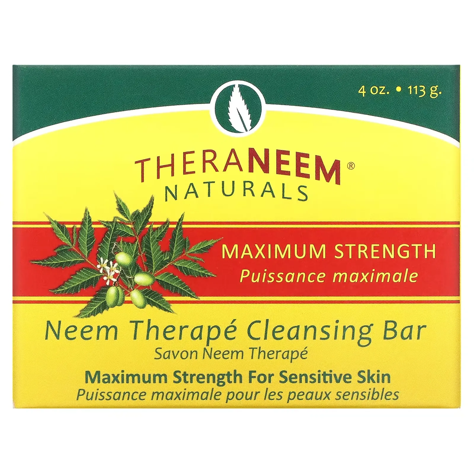 TheraNeem Naturals, Neem Therape Cleansing Bar, For Sensitive Skin, 4 oz (113 g)