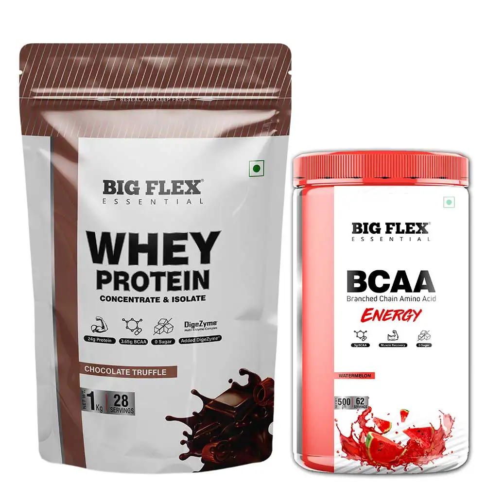 Big Flex Essential Whey Protein Concentrate & Isolate,  2.2 lb  Chocolate Truffle with Bigflex Essential Bcaa Energy Watermelon 500g