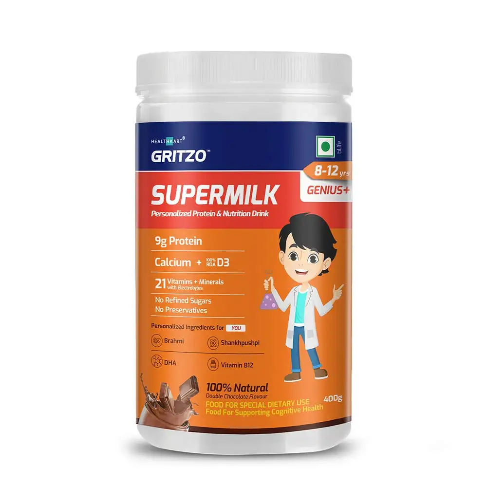 Gritzo SuperMilk Personalized Protein & Nutrition Drink Mix 8-12 yrs Genius,  400 g  Double Chocolate