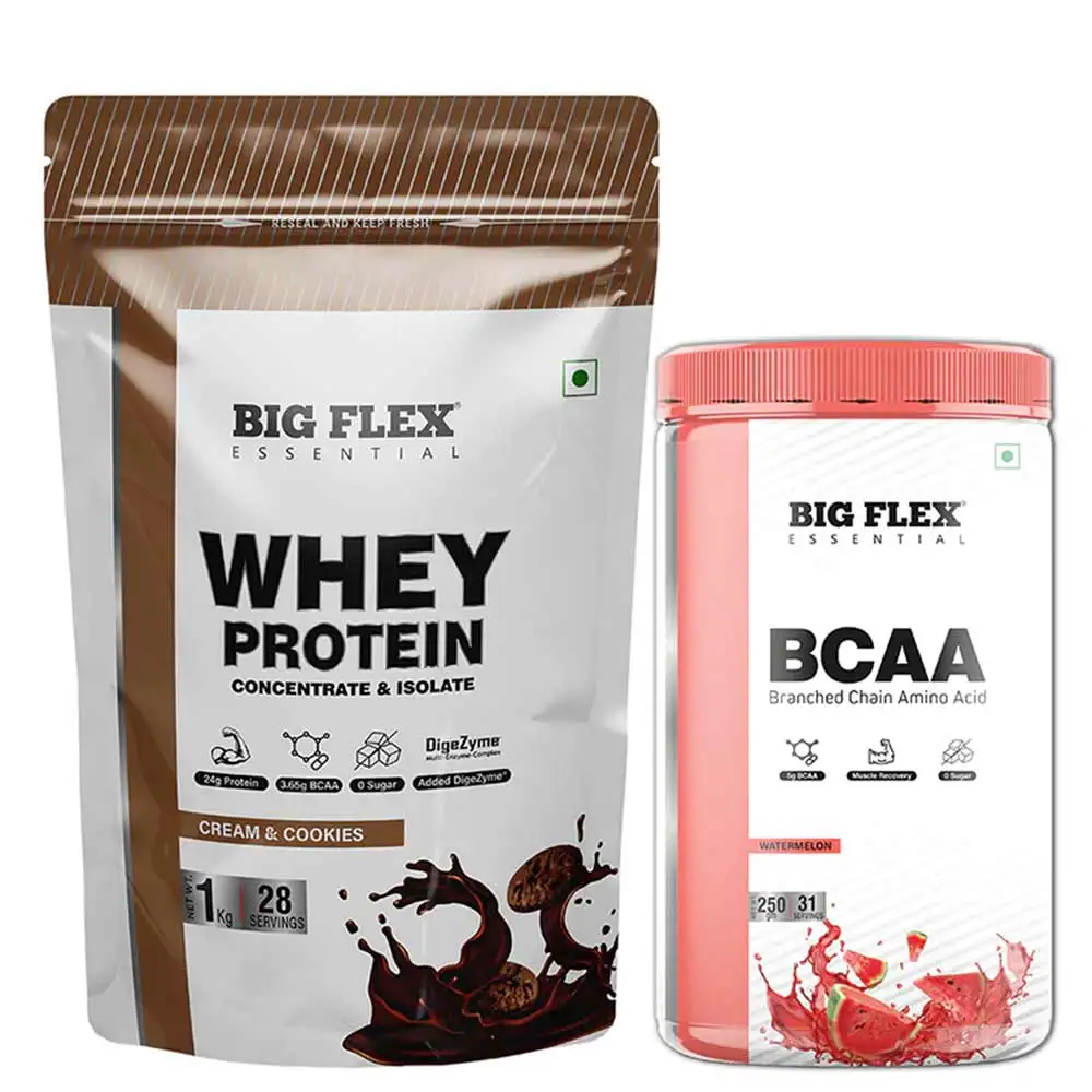 Big Flex Essential Whey Protein Concentrate & Isolate,  2.2 lb  Cream & Cookies with Bigflex Essential Bcaa Watermelon 250g