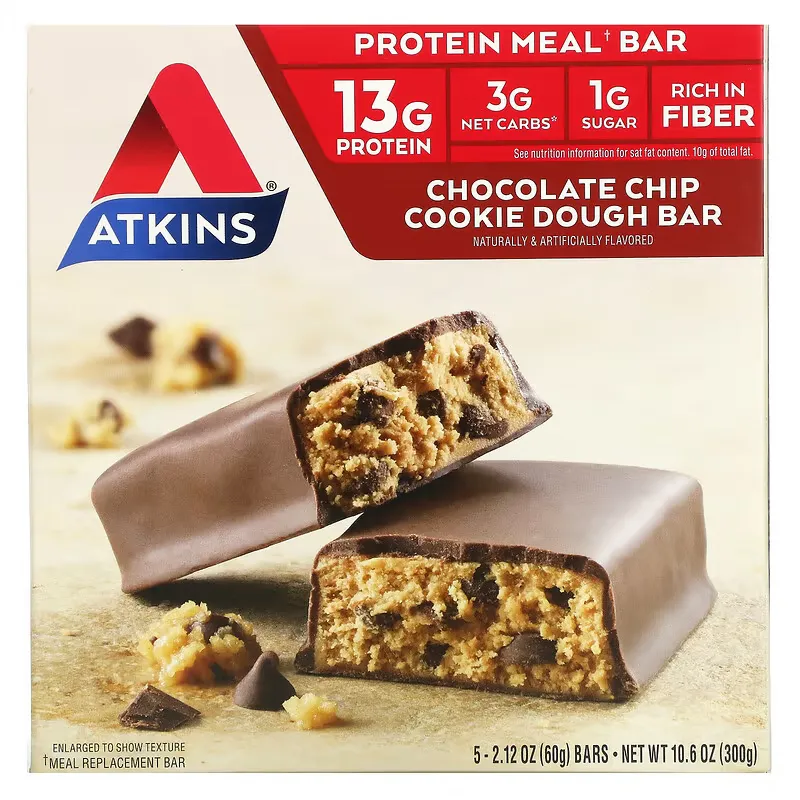 Protein Meal Bar, Chocolate Chip Cookie Dough Bar, 5 Bars, 2.12 oz (60 g) Each