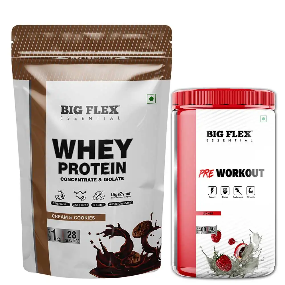 Big Flex Essential Whey Protein Concentrate & Isolate,  2.2 lb  Cookies & Cream with Bigflex Essential Pre-Workout Lychee 400g