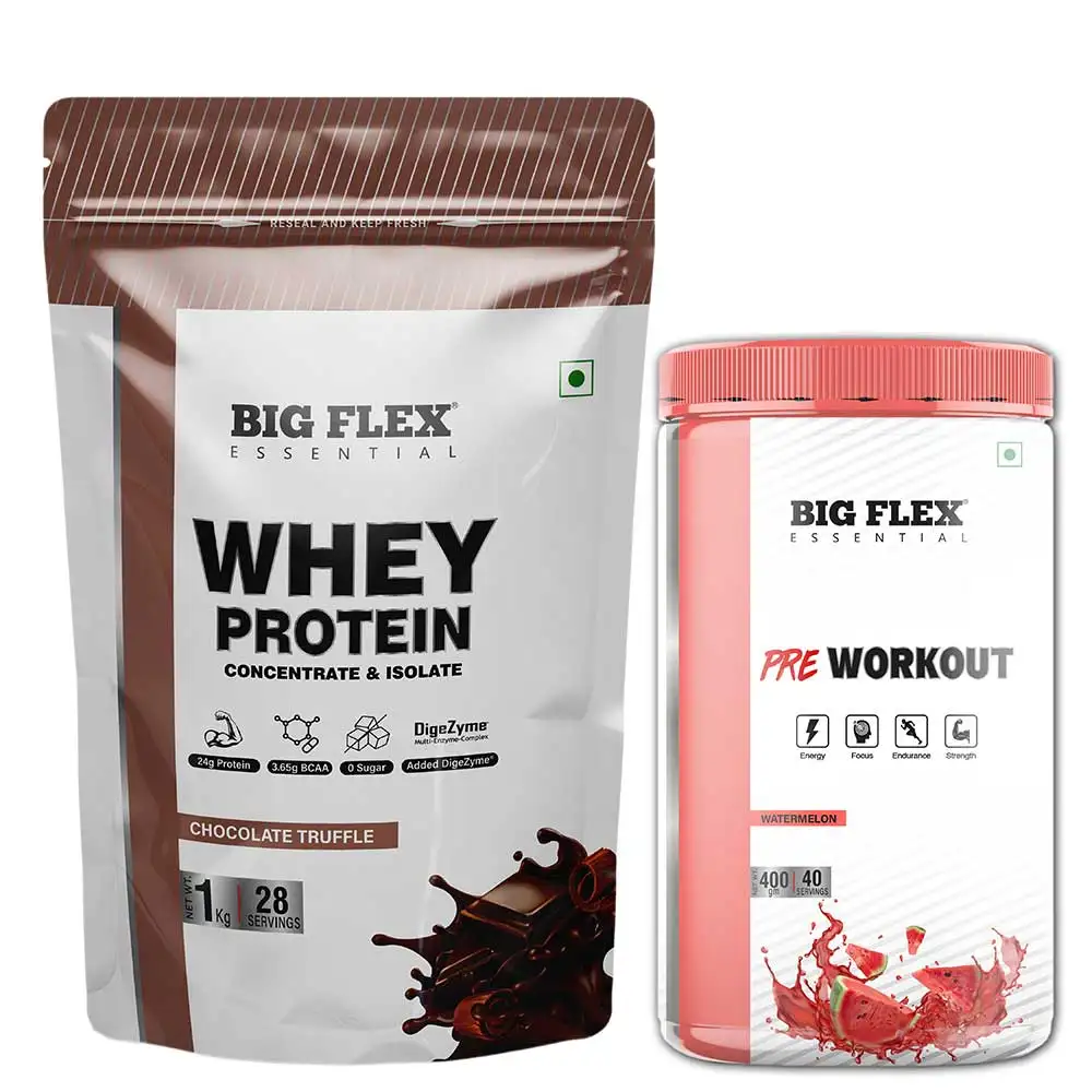 Big Flex Essential Whey Protein Concentrate & Isolate,  2.2 lb  Chocolate Truffle with Bigflex Essential Pre-Workout Watermelon 400g