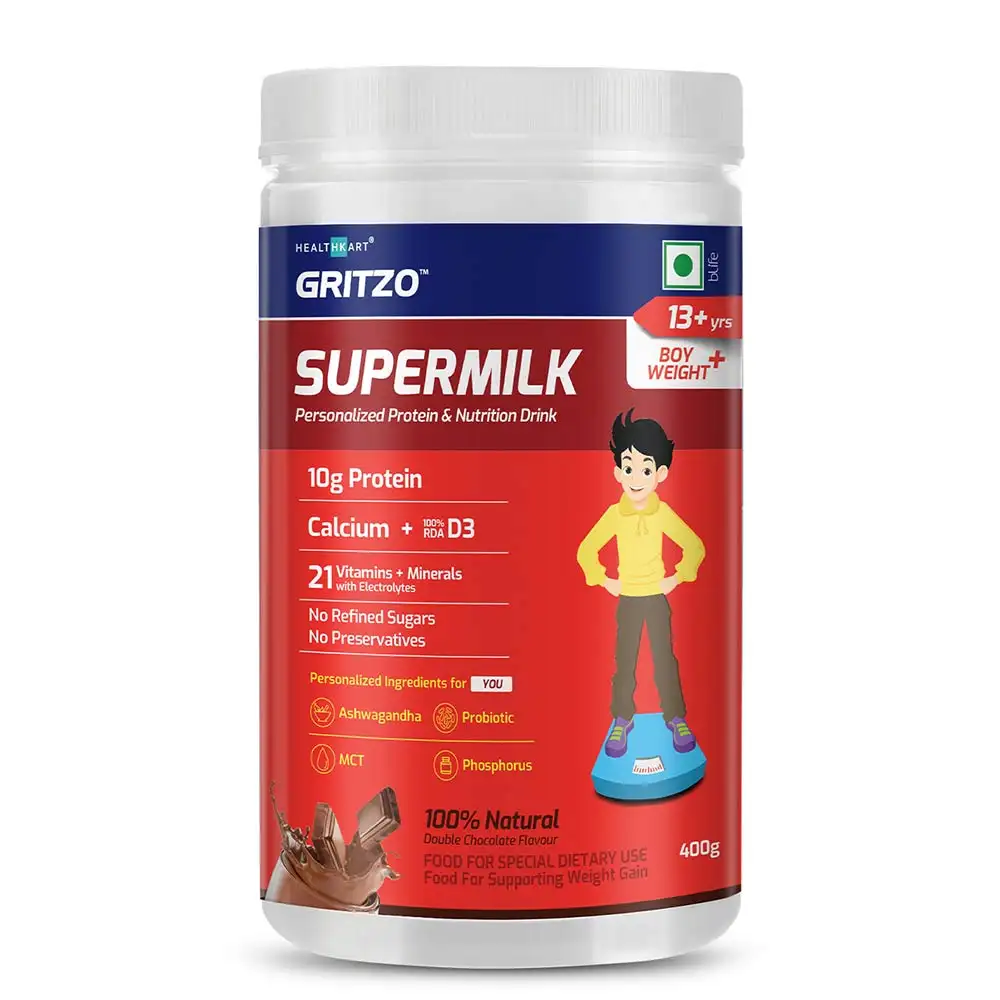 Gritzo SuperMilk Personalized Protein & Nutrition Drink Mix 13+ yrs Boys Weight+,  400 g  Double Chocolate