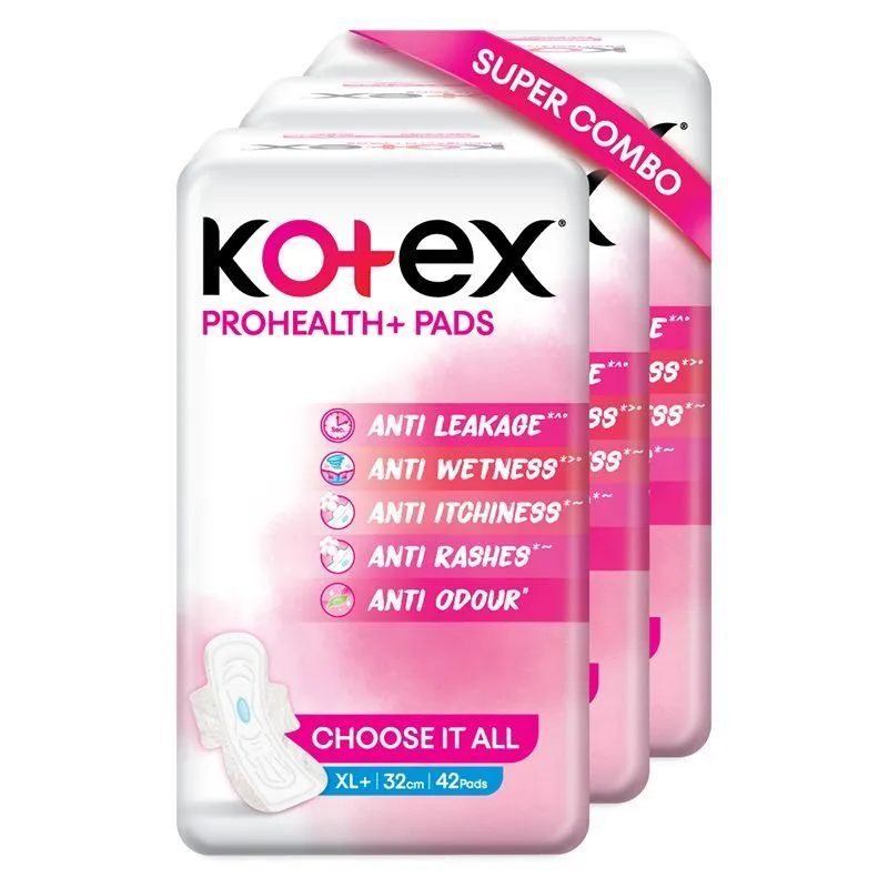 Kotex Prohealth+ Sanitary Pads For Women - Xl+ 126 Pads - Pack Of 3