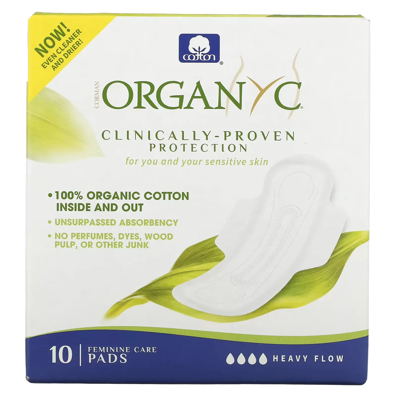 Organic Cotton Pads, Heavy Flow, 10 Pads