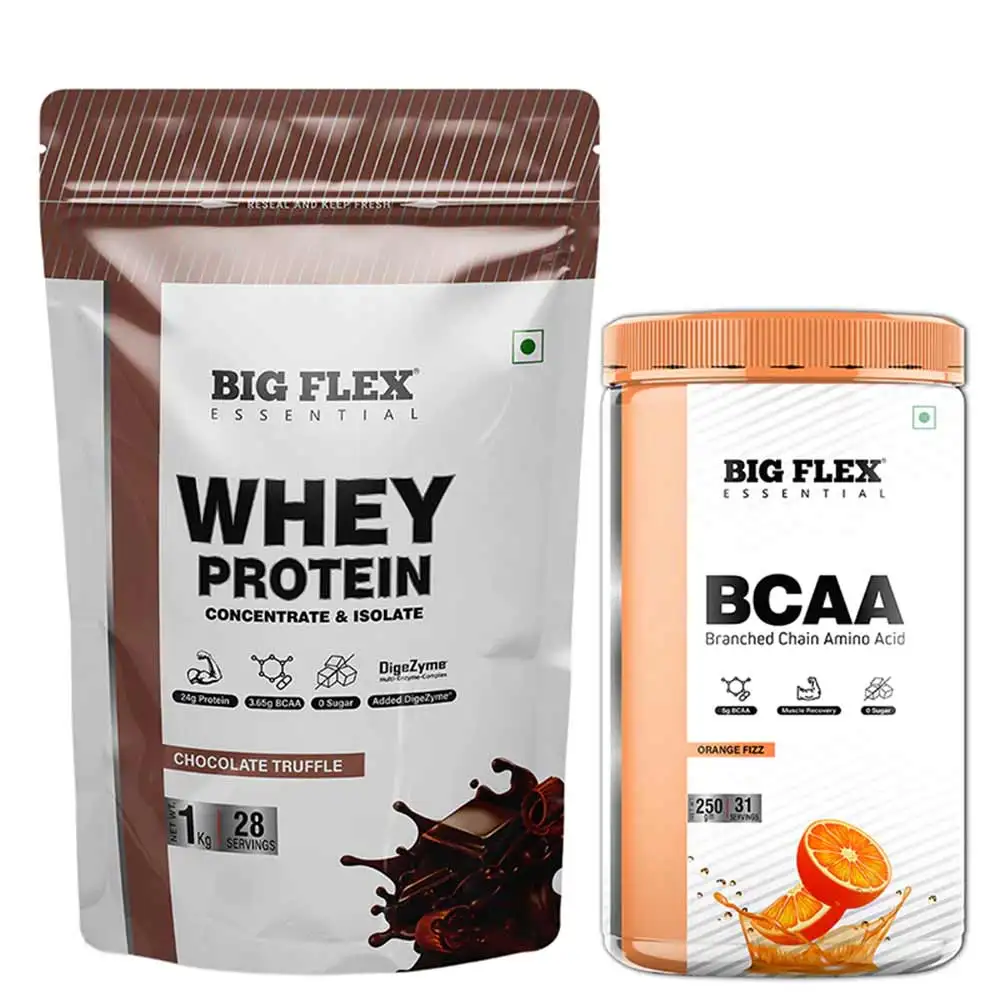 Big Flex Essential Whey Protein Concentrate & Isolate,  2.2 lb  Chocolate Truffle with Bigflex Essential Bcaa Orange Fizz 250g