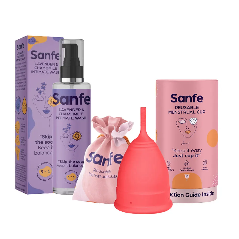 Sanfe Resuable Menstrual Cup Medium And Lavender Intimate Wash