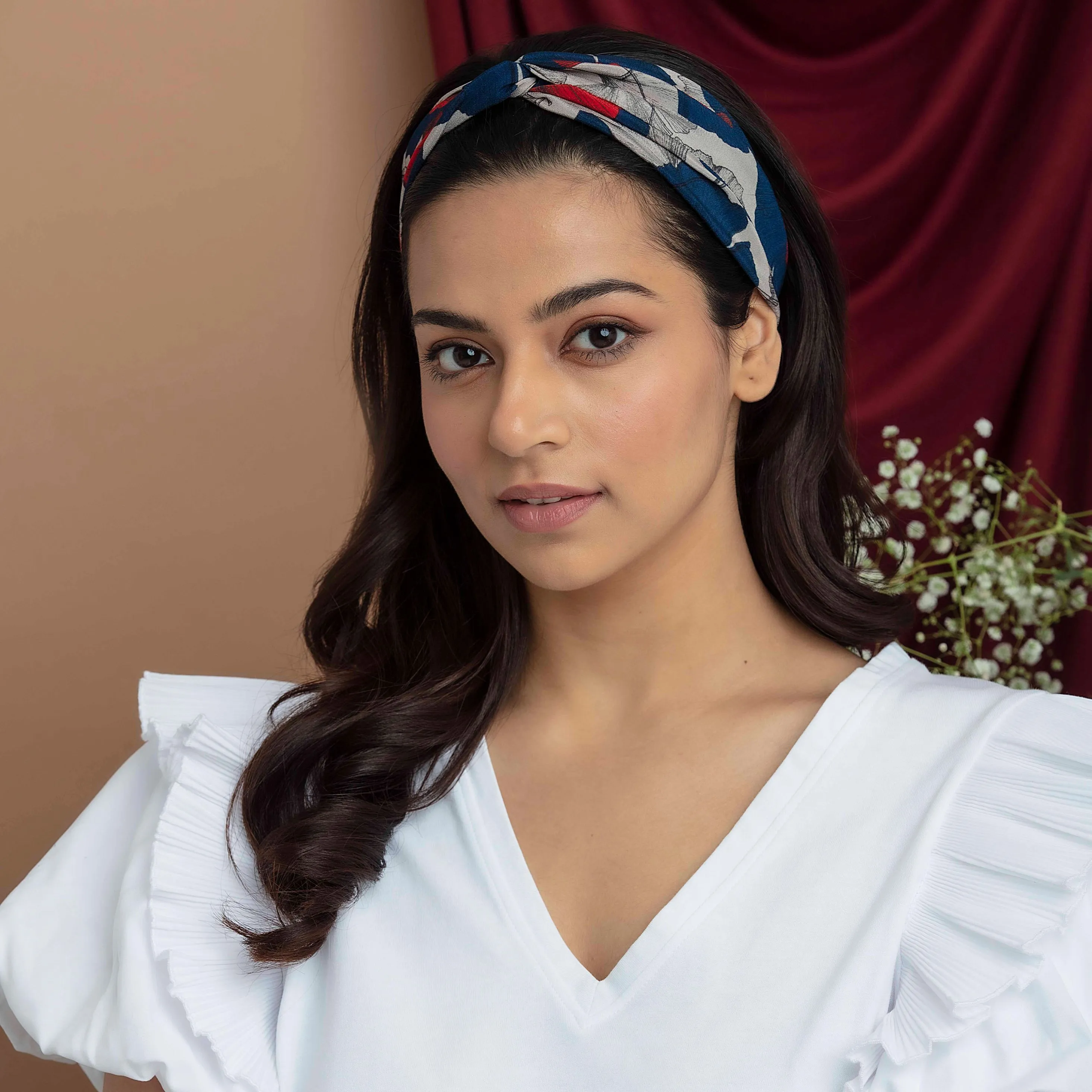 Elaa Marvellous Mrs. Maisel In Blue And Grey Print Crepe Headband