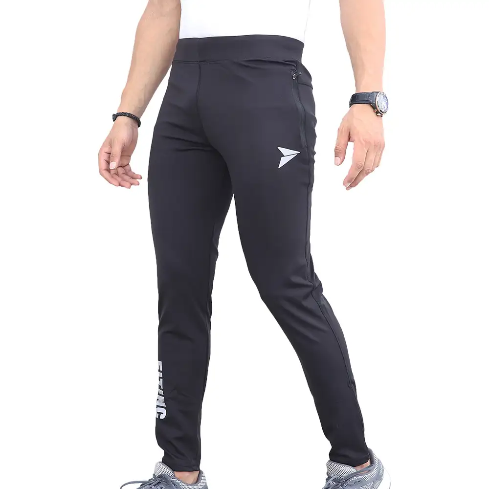 Fitinc Men's Lycra Slim Fit Track Pants with 2 Side Zipper Pockets and Logo,  Black  XXL