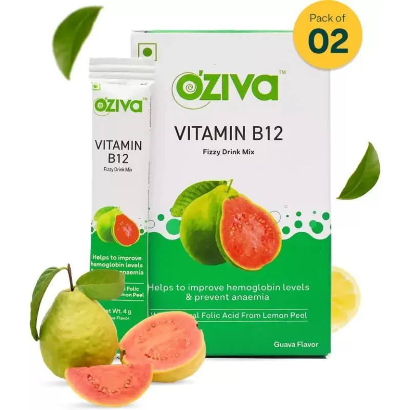 Oziva Vitamin B12 Fizzy Drink Mix For Better Haemoglobin Levels (Pack of 2, 30 Sachets)