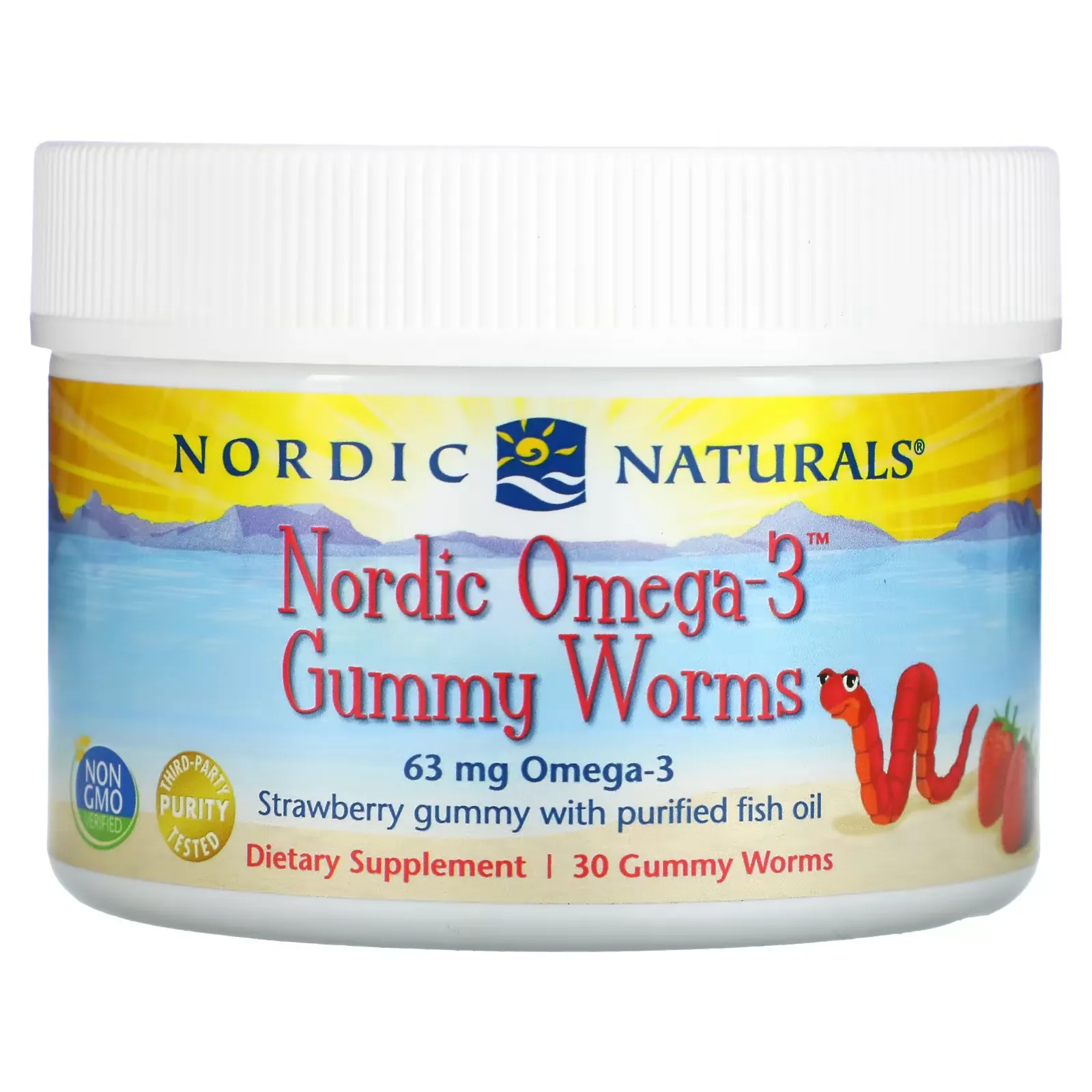 Nordic Omega-3 Gummy Worms, Strawberry, 63 mg, 30 Gummy Worms