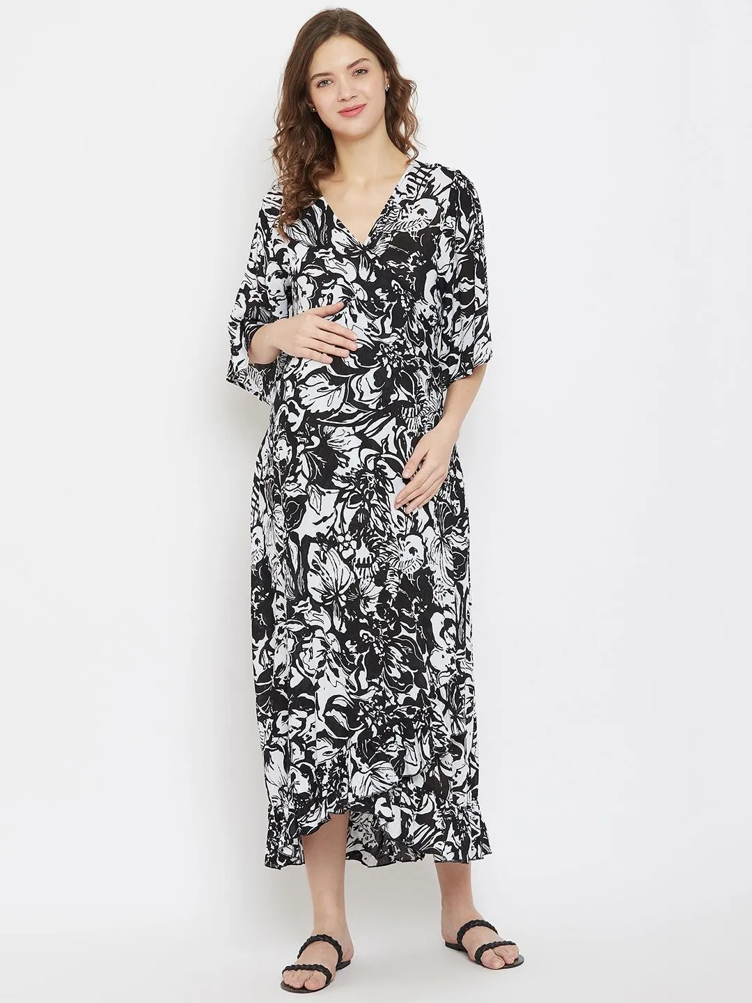 The Kaftan Company Printed Viscose Maternity Wrap Dress With Ruffles - Multi-Color