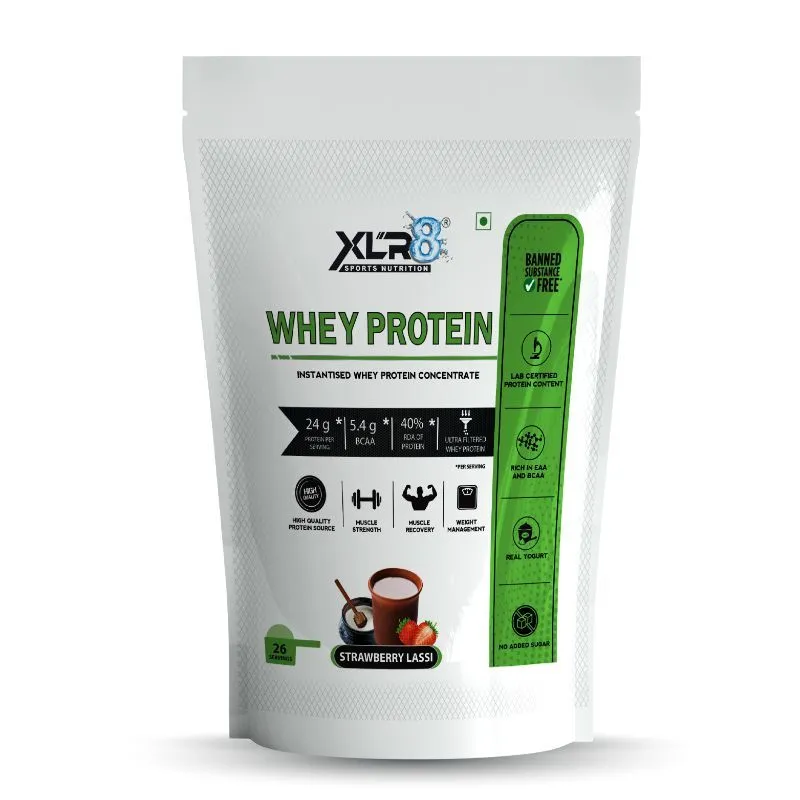 XLR8 Sports Nutrition Whey Protein With 24g Protein- 5.4g BCAA - Strawberry Lassi