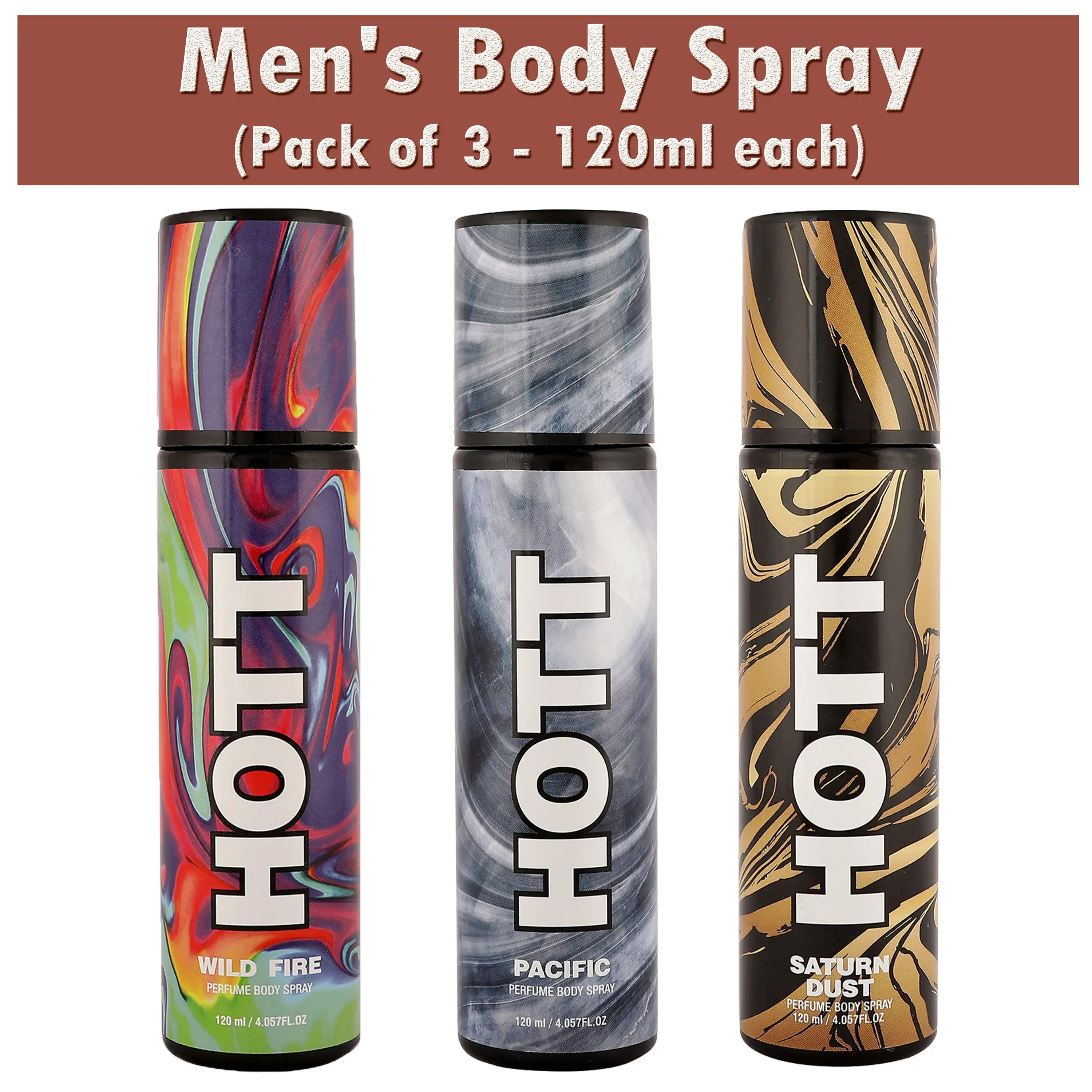 HOTT Wild Fire, Pacific, Saturn Dust Perfume Body Spray For Men (Pack Of 3)