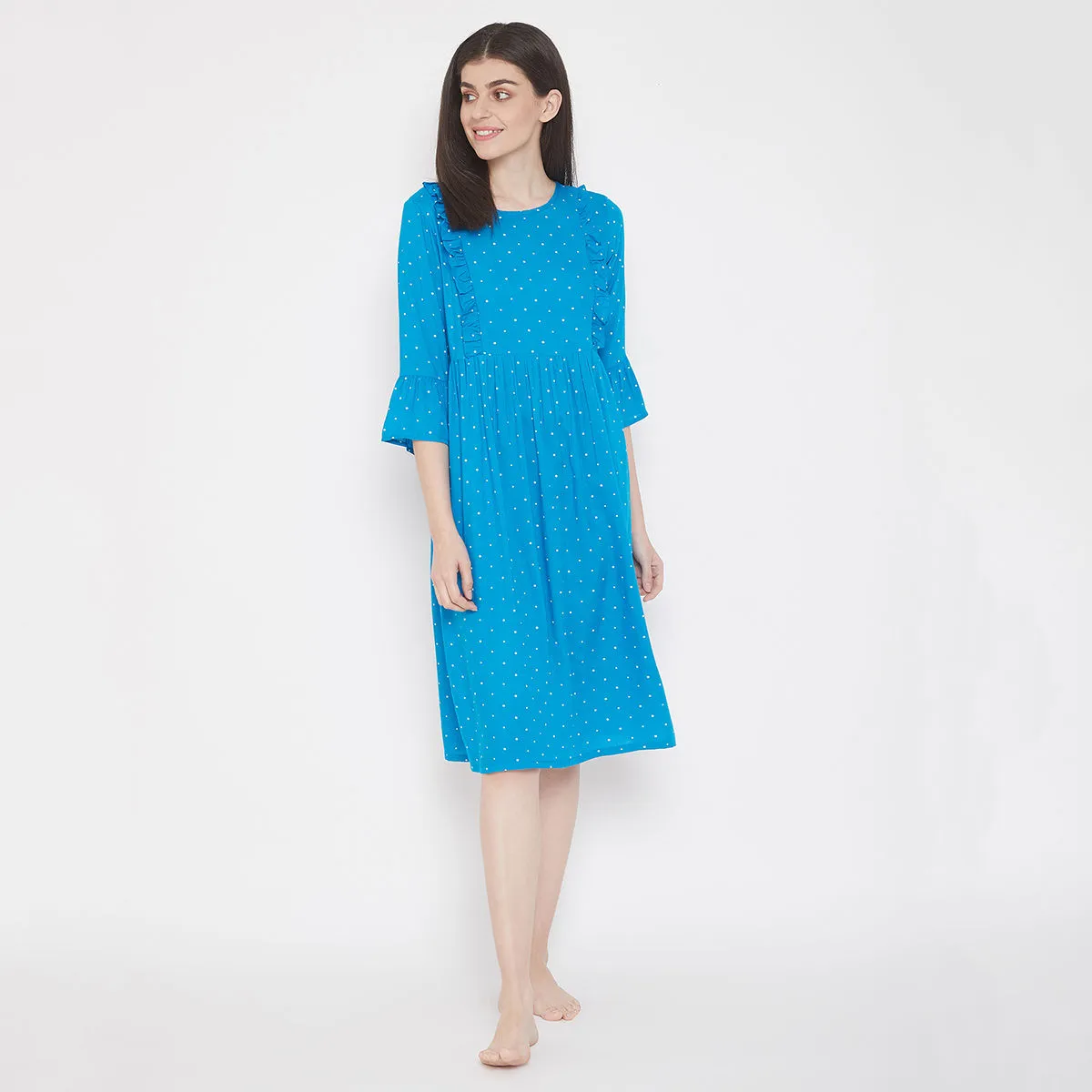 Clovia Feeding Polka Print Short Night Dress in Light Blue- Cotton Rich