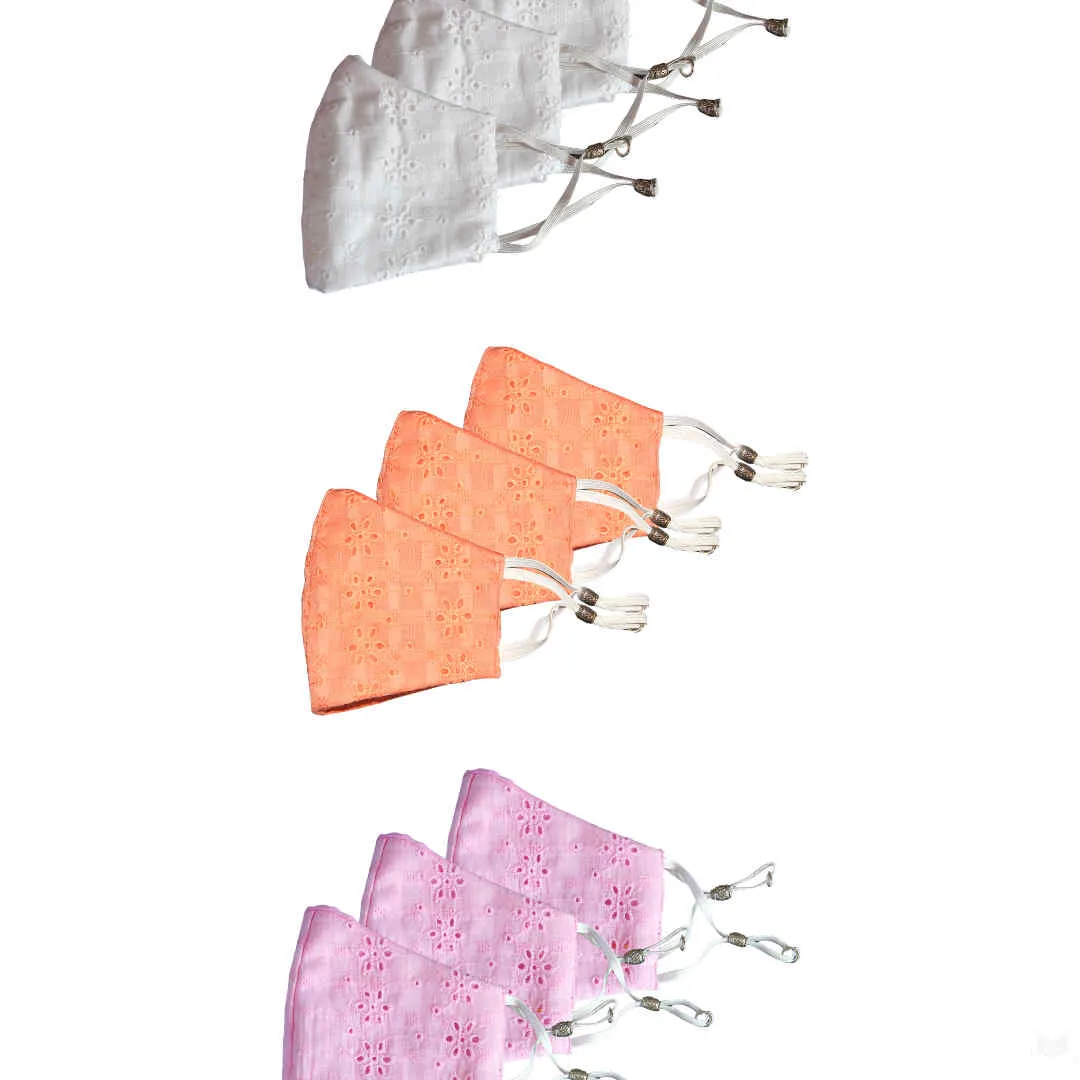 Bellofox White Chikan,Peach Chikan And Light Pink Chikan Face Mask (Set Of 9)