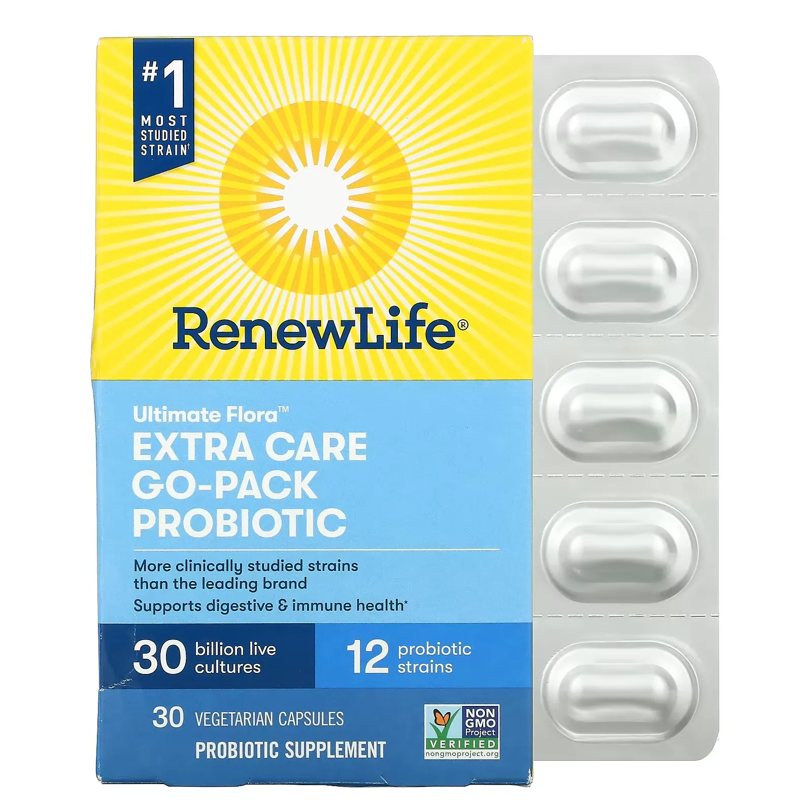 Ultimate Flora, Extra Care Go-Pack Probiotic, 30 Billion Live Cultures, 30 Vegetarian Capsules